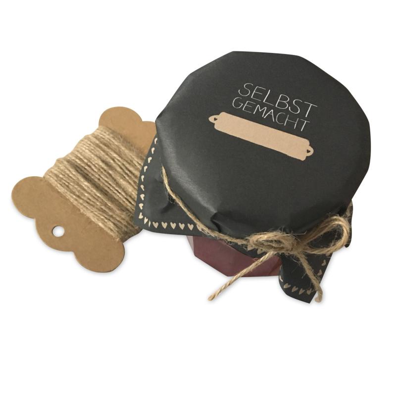 Marmeladendeckchen für Dankeschön Gastgeschenke im Schultafel Design, Schwarz Beige Weiß